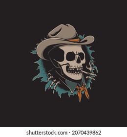 illustration of skull wearing cowboy hat with old school tattoo style