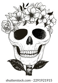 illustration of a skull wearing a crown of flowers