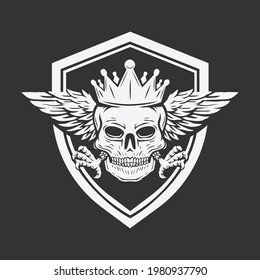 illustration of skull wearing a crown with wings and bird's claws surrounded by shield. vector vintage