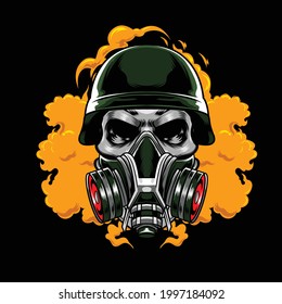 illustration of skull wearing a gas mask with smoke background available for your custom project