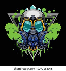 illustration of skull wearing a gas mask with smoke background available for your custom project