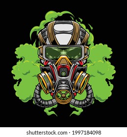 illustration of skull wearing a gas mask with smoke background available for your custom project