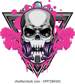 illustration of skull wearing a gas mask with smoke background available for your custom project