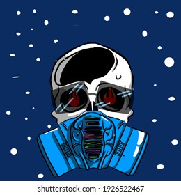 Illustration of skull wearing glasses and mask under falling snow.