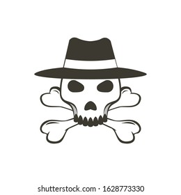 illustration of a skull wearing a hat with a pair of bones crossing behind it