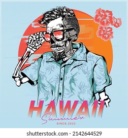 Illustration of skull wearing shirt , sunglass on a nice background, with cool typography.