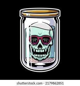 illustration of skull wearing sunglasses inside a jar