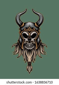 Illustration of skull wearing viking helmed