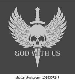 Illustration of a skull with wings dagger and text