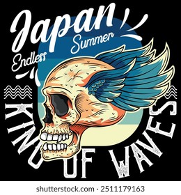 Illustration of a skull with wings in vibrant colorful tattoo style!!! Texts in urban, sporty and beach surf style. California paradise city, spots and images of big waves. Skate beach