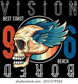 Illustration of a skull with wings in vibrant colorful tattoo style!!! Texts in urban, sporty and beach surf style. California paradise city, spots and images of big waves. Skate beach