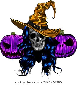 illustration of skull witch with pumpkin on white background