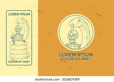 illustration of a skull wrapped in a snake with a combination of simple lines and halftones, a hipster logo that can be used for clothing labels or products related to youth and delinquency