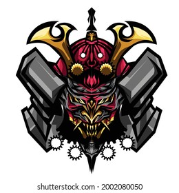 Illustration eines schädeligen Samurai-Kopfes