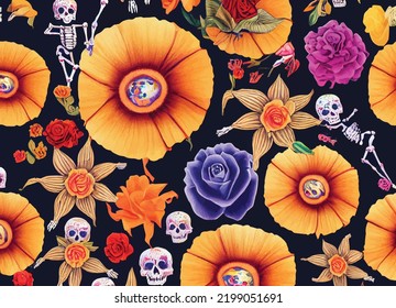 An illustration of skulls and flowers for "Dia De Los Muertos", Mexican tradition. Spooky.