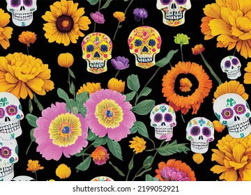 An illustration of skulls and flowers for "Dia De Los Muertos", Mexican tradition. Spooky.