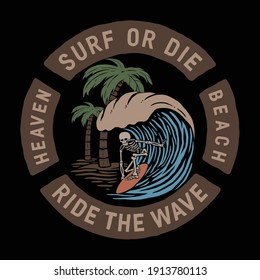 illustration skulls surfing the waves.summer on the beach and the sea.premium vector