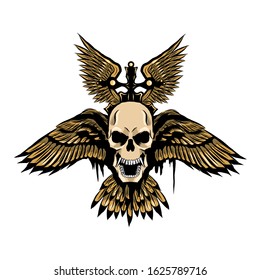 illustration of skull,sword and wings for tattoo design or t-shirt