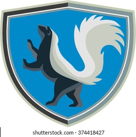 Illustration of a skunk prancing viewed from the side set inside shield crest set on isolated background done in retro style. 