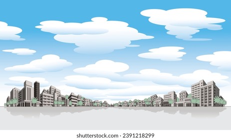Illustration of sky and cityscape.