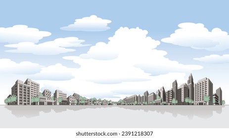 Illustration of sky and cityscape.