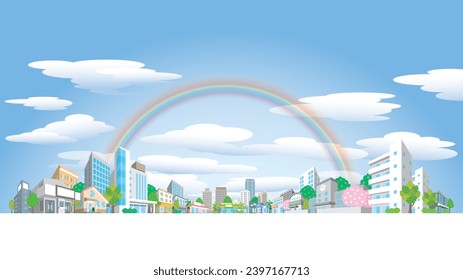 Ilustración de un cielo y paisaje urbano con un arco iris.
