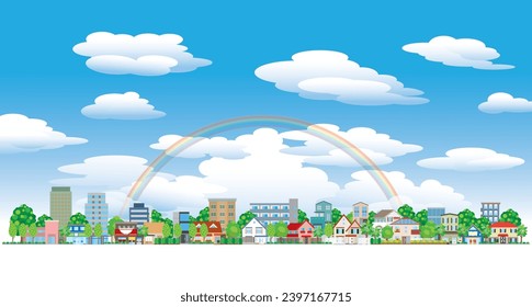 Illustration of a sky and cityscape with a rainbow.