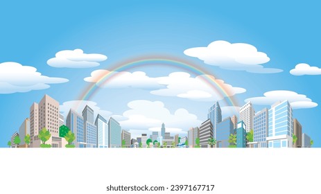 Illustration of a sky and cityscape with a rainbow.