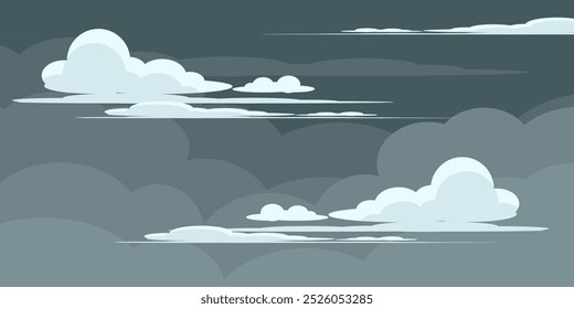 
Ilustración de cielo con nubes en estilo plano. Cielo y fondo de nubes. Nube nublada ilustración de dibujos animados de Vector. Fondo de pantalla abstracto de Naturaleza.