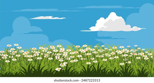 Ilustración, nubes del cielo, hierba verde y flores. colección de Vector de hierba en estilo plano. Hierba verde de la primavera, césped verde. fondo de la naturaleza del verano con hierba, flores y cielo azul con las nubes