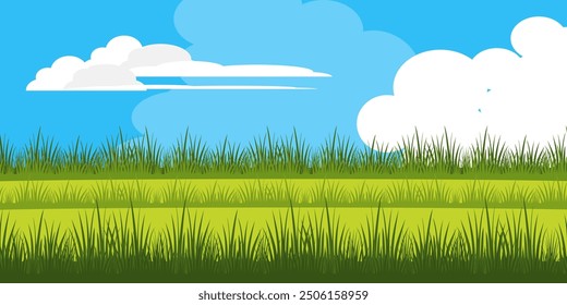 Illustration of Sky and grass with Clouds in flat style. Sky and clouds background. Cloudy vector cartoon illustration in blue color. grass and clouds. Nature abstract wallpaper.