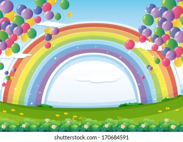 Illustration of a sky with a rainbow and colorful floating balloons