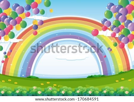 Illustration of a sky with a rainbow and colorful floating balloons