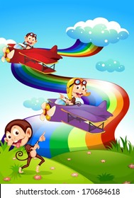 Illustration of a sky with a rainbow and planes with monkeys
