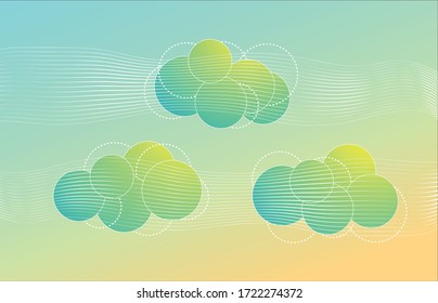 An illustration of the sky with three clouds in a childish style and a yellow, green and blue gradient.