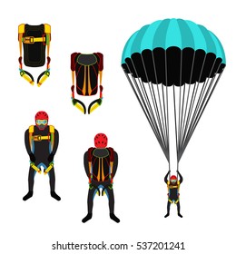 Illustration for skydiving school, academy set. Illustration for skydivers club, paragliding company. Flat style.