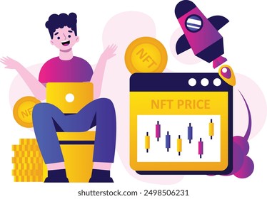 illustration of skyrocketing NFT price, vector illustration of NFT token sale technology for cryptocurrency. vector flat design concept