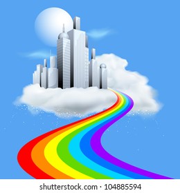 illustration of skyscraper building on cloud with rainbow path