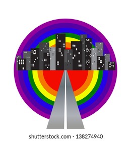 illustration of skyscraper building on  rainbow world with road path