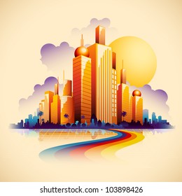 illustration of skyscraper building in retro background