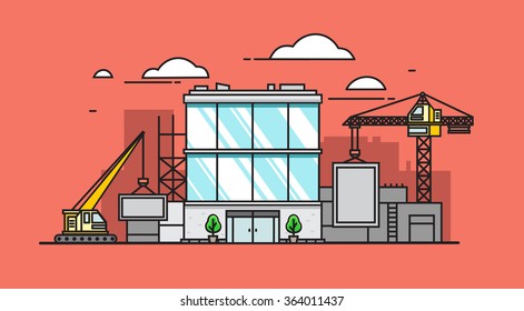 Illustration of skyscraper construction on red background in flat style