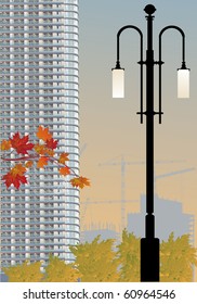 ilustración con rascacielos y lámpara de calle
