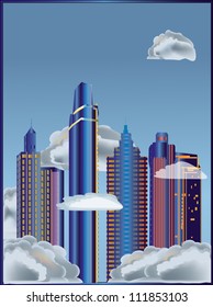 illustration with skyscrapers in clouds