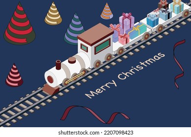 Illustration of an SL train carrying Christmas presents. Illustration with three-dimensional isometric main lines. Christmas image material. Copy space available.
