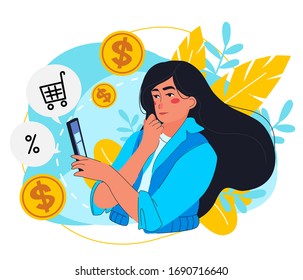 Illustration in slat style about online shopping. Girl with smartphone thinking about purchase and discount. Banner about mobile shopping app.