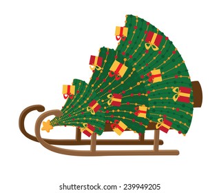 illustration of a sled with Christmas tree