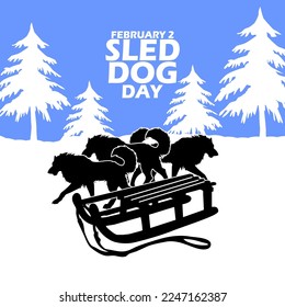 Ilustración de un trineo con tres perros en un campo nevado con árboles en un cielo azul con texto en negrita para conmemorar el Día del Perro Sled el 2 de febrero