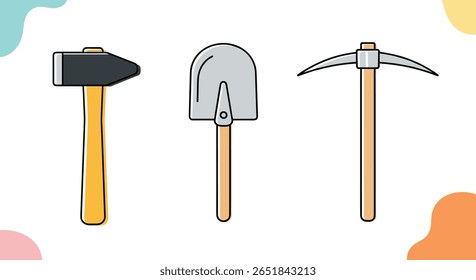 Illustration of a Sledgehammer Shovel and Pickaxe Tools for Construction and Mining on White Background with Colorful Abstract Shapes