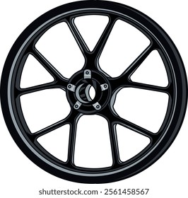 Illustration of a sleek black motorcycle wheel, emphasizing its modern design and precision engineering, ideal for motorbike enthusiasts and automotive design aficionados