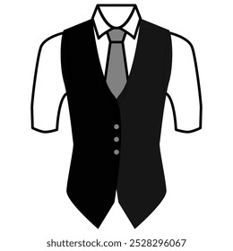 Illustration of a sleek black vest with a classic button-up design, paired with a crisp white shirt and a sophisticated tie.